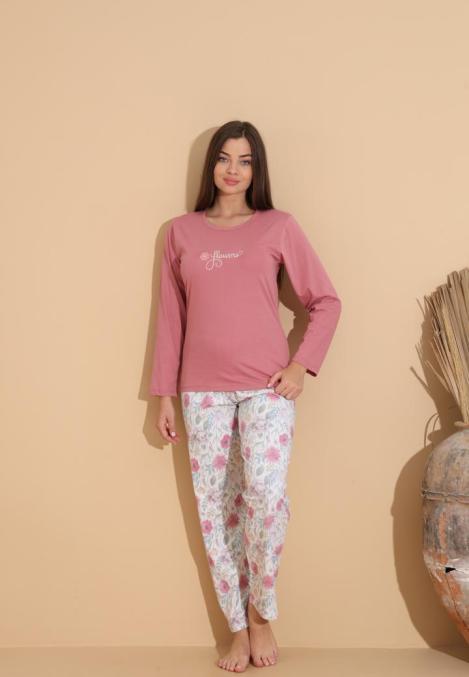 Pijama Dama „Flowers'" ,Pantaloni si Maneca Lunga,Culoare Roz Prafuit,Engros